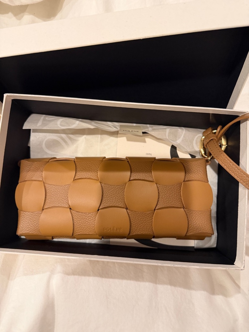 Polene Tan Woven Leather Wristlet Clutch